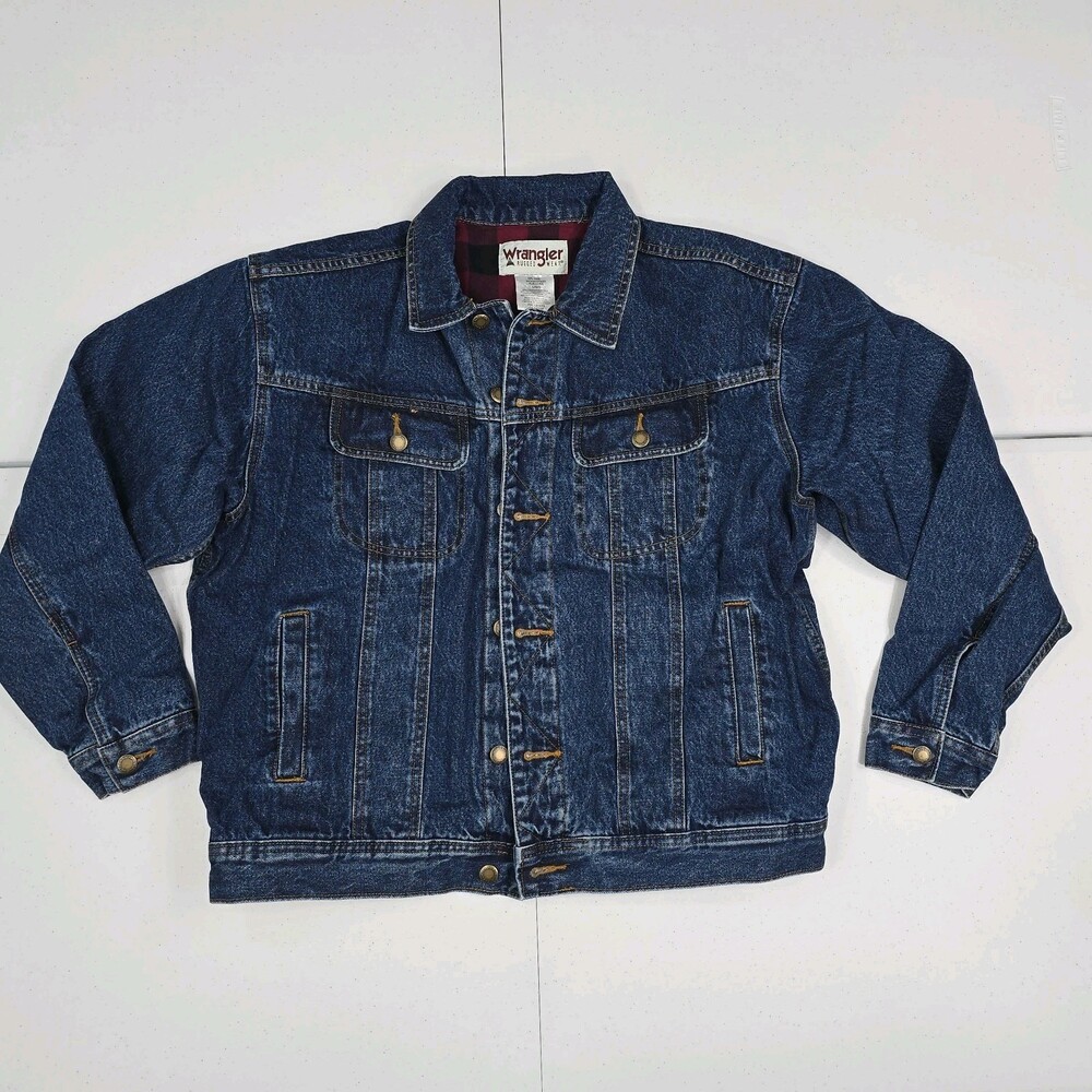 Wrangler Jean Jacket Men L Blue Buffalo Plaid Flannel Lined Denim Trucker Coat